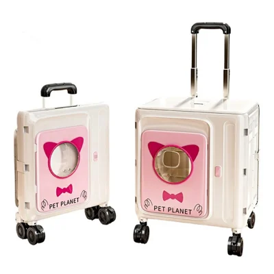 Pet Trolley Suitcase Foldable Portable 4-Wheels Transparent Breathable Cat Dog Carrier for Travel Outdoor - White  /  Pink