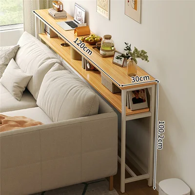 Schmaler Couchtisch 120x30 cm, 2-Ebenen-Ablage für Hinter der Couch, Aufbewahrungsregal für Wohnzimmer Schlafzimmer – Eiche + Weißer Rahmen