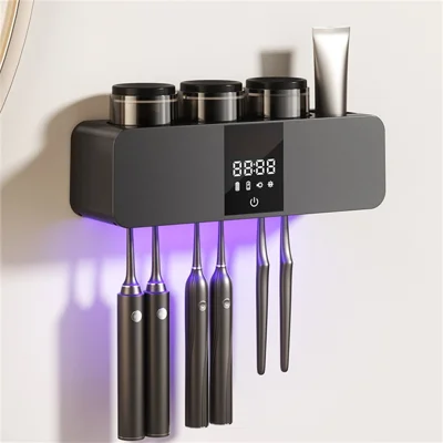 RA-613 Smart UV Toothbrush Sterilizer Dryer Holder Wall Mount 6 Slots 1800mAh Solar Charging Digital Display Storage Sterilization Rack - Dark Grey