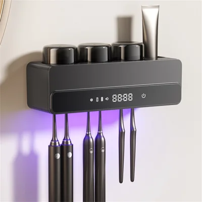 RA-970 Smart UV Toothbrush Sterilizer Holder Rack 6 Slots Wall-Mounted 8000mAh Type-C Organizer Sanitizer Dryer - Gunmetal