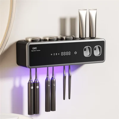 RA-971 Smart Dual UV Toothbrush Sterilizer Holder Dryer UVC+UVA 99.99% Sterilization 1200mAh Type-C Wall-Mounted Organizer Rack - Black