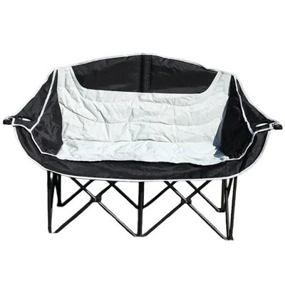 2-Person Folding Camping Chair Outdoor Loveseat Double Portable Beach Lawn Chair with Armrest Cup Holder - Black / Grey