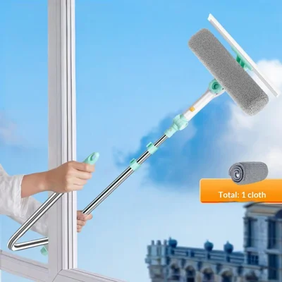 Squeegee High-Rise Window Cleaning Tool with 3Pcs Replacement Cloths 3-Section Telescopic Pole 270 Degree Rotating Head U-Shape Glass Cleaner