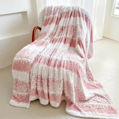 Couverture 200x230 cm en Jacquard Cationique Couverture Jetable pour Canapé à Rayures de Flocons de Neige en Fleece Douce et Chaude pour Canapé ou Lit - Rose