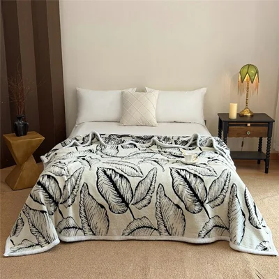 Couverture double face en polaire Taff 180x200 cm, motif jacquard feuille, douce et chaude, jetable pour lit, canapé, sofa - Blanc