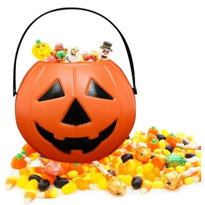11x11x8,5 cm Halloween-Kürbis-Eimer orange Kunststoff Süßigkeiten-Eimer mit Henkel Kürbislaternen-Design für Süßes oder Saures