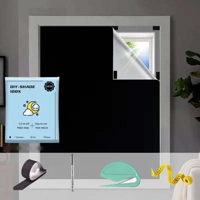 Cortinas Blackout 1,45x1m com Fita Mágica sem Perfuração em Tecido Oxford 420D, Cortina Solar Cortável DIY - Preto / Prata