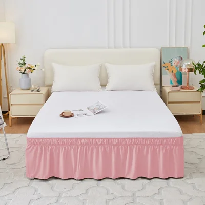 Jupe de lit réglable 150x200+40cm, ourlet élastique, longueur de chute ajustable, jupe de lit plissée à volants, anti-poussière - Rose