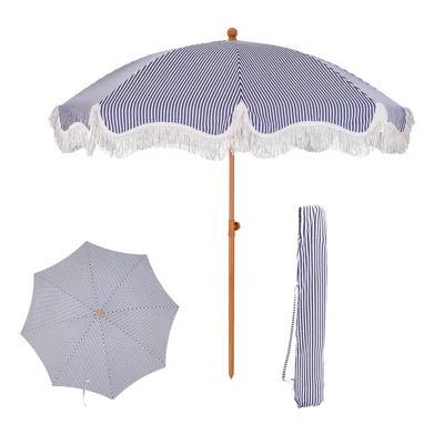2m Fringe Beach Umbrella 8 Fiberglass Ribs Tilt Height Adjustable for Outdoor Garden Patio (without Base) - Stripe