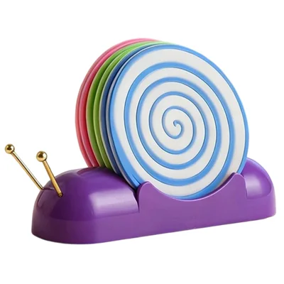 6-teiliges Schnecken-Untersetzer-Set aus Silikon, rutschfester Hitzeschutz mit Aufbewahrungsständer für Tischdekoration – Lila Aufbewahrungsständer / 2xPink+2xGrün+2xBlau Untersetzer