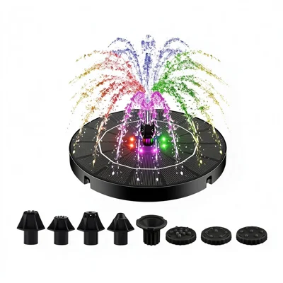 SP33D Solar-Fontanenpumpe mit bunten LED-Leuchten, 8 Düsen, 1200 mAh Akku für Gartenteich – Schwarz