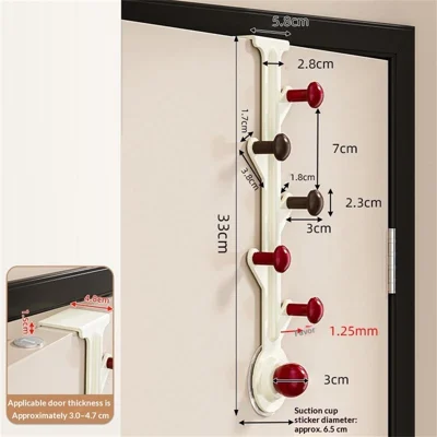 6-Hook Over Door Hanger Rack No Drilling Suction Cup Mount Storage Organizer - Creamy White + Red