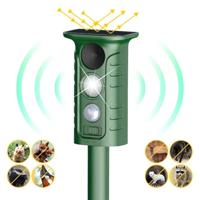 H7018 Répulsif Solaire pour Animaux, Ultrason, Stroboscope LED 130lm, PIR, Étanche IP65, Répulsif d'Insectes en Plein Air - Vert Olive