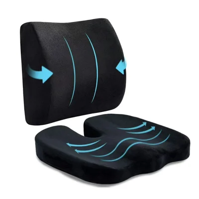 Conjunto de 2 Peças de Almofada de Assento em Espuma com Memória e Suporte Lombar - Veludo Cetim / Preto