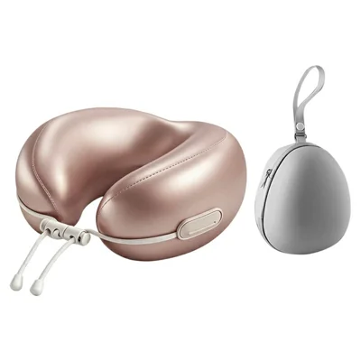 Almofada Cervical em Espuma com Memória em Forma de U com Estojo de Armazenamento, Almofada de Viagem em Seda de Gelo para Viagem de Avião, Sesta no Escritório - Rosa Claro