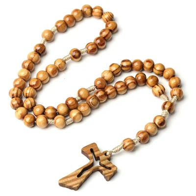 10mm Natural Wood Bead Rosary Pendant Handmade Braided Cord Wooden Cross Charm for Prayer