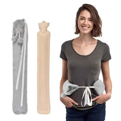 2L 72 x 12cm Extra Long Hot Water Bottle with Plush Cover and Strap for Neck Waist Abdomen Pain Relief - Grey
