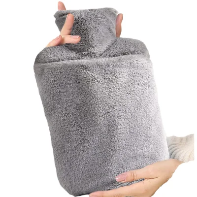 2L Natural Rubber Hot Water Bottle with Plush Cover Zipper Hand Pockets Warmer for Waist Shoulder Warmth - Grey