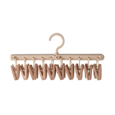 Folding Sock Drying Rack 20 Clips 360 Degree Rotating Hook Windproof Clothes Hanger for Home Balcony Travel - Cream White