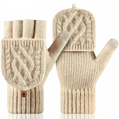 1 Paar gestrickte Handschuhe mit Klappfunktion und Fleecefutter, winddicht, touchscreenkompatibel, für Schreiben und Tippen – Beige