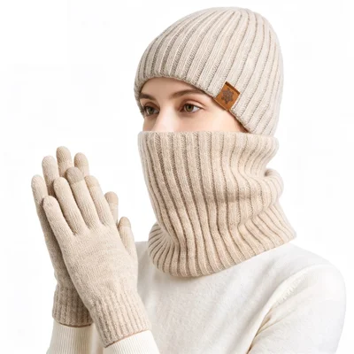 3 pezzi/set Cappello a Maglia Sciarpa Foderata in Pile Guanti Touchscreen Accessori Invernali per Spostamenti all'Aperto - Beige