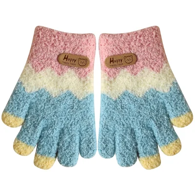 1 Paar Kinderwinterpulshandschuhe aus weichem Plüschstoff, bunte wellenförmige Optik, elastische Bündchen, für 2-5 Jahre alte Kleinkinder – Himmelblau