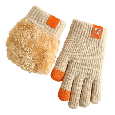 1 Par de Guantes de Punto para Niños para Exteriores de Invierno, con Forro de Lana, Capa Doble, a Prueba de Viento y Cálidos para Niños y Niñas de 6-12 Años - Beige