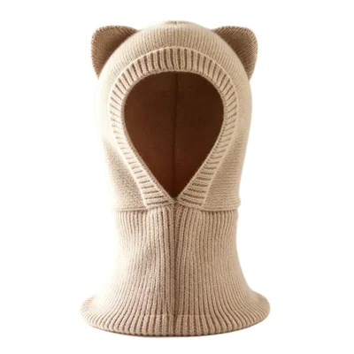 Balaclava a Maglia con Orecchie di Gatto per Bambini, Morbido Proteggiorecchie e Collo in Fibra di Poliestere, Antivento, per l'Inverno - Beige