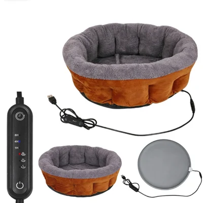 Lit pour animaux chauffant USB 5V 40 cm, lit électrique détachable et lavable pour chat et chien, avec minuterie, idéal pour l'hiver - Gris + Café