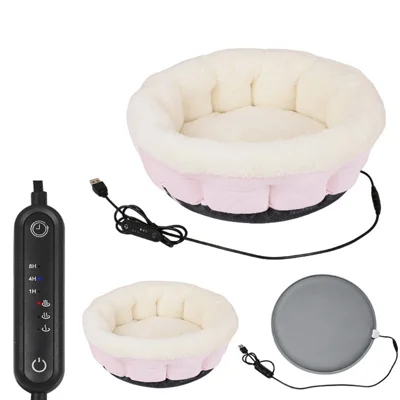 Lit pour animaux chauffant USB 5V 50 cm, amovible et lavable, lit électrique réchauffant pour chat et chien avec minuterie pour l'hiver - Rose + Blanc