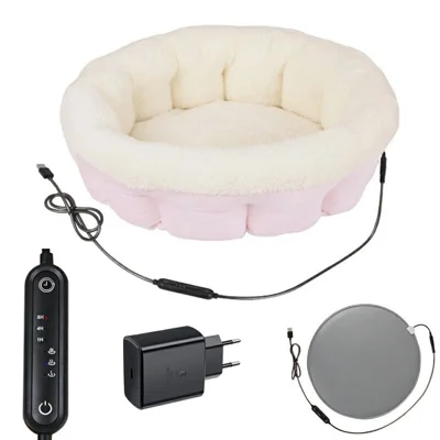 40cm 5V USB Heated Pet Bed with EU Plug Power Adapter Detachable Electric Warming Cat Dog Bed for Winter - Pink+White