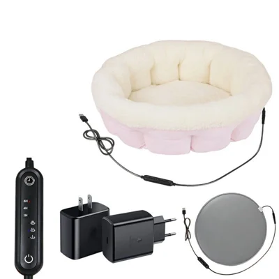 50cm 5V USB Heated Pet Bed with EU Plug Power Adapter Detachable Electric Warming Cat Dog Bed for Winter - Pink+White