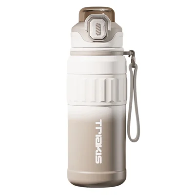 Bouteille isotherme 680 ml à double fonction de buvette en acier inoxydable 304 + 316, tasse étanche pour le sport et les voyages - kaki / beige