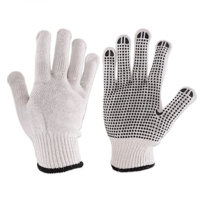 1 Pair Work Gloves 10-Gauge Nylon + PVC Anti-Slip Dots Knit Gloves for Construction Handling Gardening - White / Black Dots