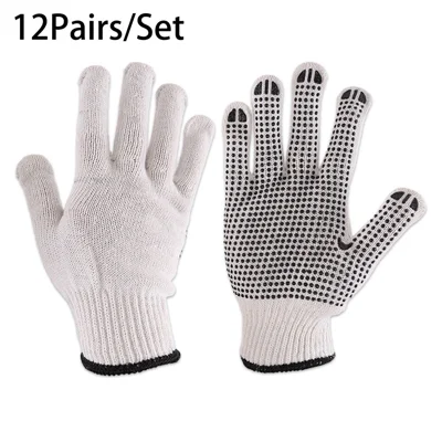 12 Pairs Work Gloves 10-Gauge Nylon + PVC Anti-Slip Dots Knit Gloves for Construction Sites - White / Black Dots