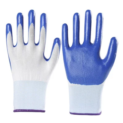 1 Par de Guantes de Trabajo de Seguridad con Recubrimiento de Nitrilo, Resistentes al Aceite, Transpirables, Antideslizantes, Protectores para Construcción y Jardinería - Blanco + Azul