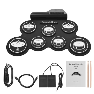 7-Pad-Roll-up-Elektronikschlagzeug aus Silikon + ABS, faltbares Schlagzeug-Set für das Üben zu Hause – Schwarz