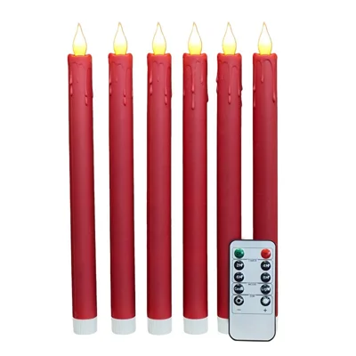 6 pièces de bougies LED de 10,5 pouces avec têtes de flamme en TPU, lumière décorative télécommandée et graduable pour mariages et maison - Rouge