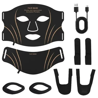 7-Color LED Face and Neck Beauty Mask Soft Silicone 1200mAh for Home Use - Black