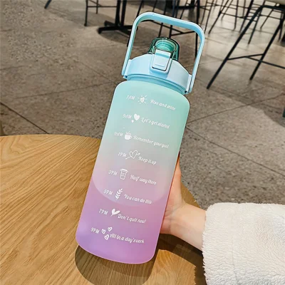 2L PP + PC Water Bottle with Time Markings Flip Lid Detachable Straw Handle Large Capacity Gradient Water Cup - Cyan