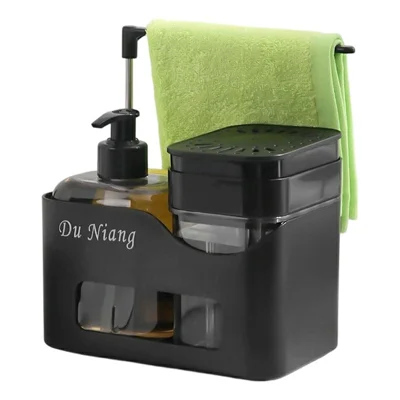 4-in-1 Kitchen Sink Organizer with Press Soap Dispenser, Rotating Towel Rack, Drainable Sponge Holder, Shelf and Non-Slip Base - Black