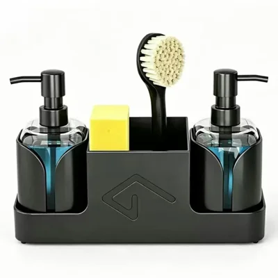 Dual Soap Dispenser with 2 Press Pumps, Leakproof Drip Tray, Removable ABS Sponge Holder for Kitchen or Bathroom - Black