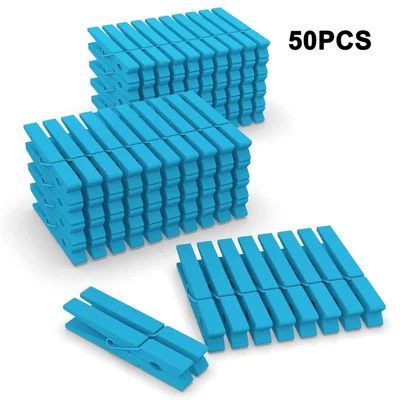 50Pcs Wooden Clips with Galvanized Rust Resistant Springs, Strong Grip for Photo Displays, Food Bags and Craft Projects - Sky Blue