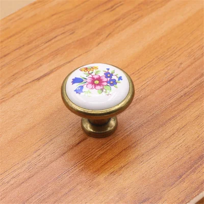 Enkele gat zinklegering + keramische handgreep geverfde keuken vintage deur ladekruk kastgreep knop met 25 mm schroef - 1799 Brons-blauwe bloem
