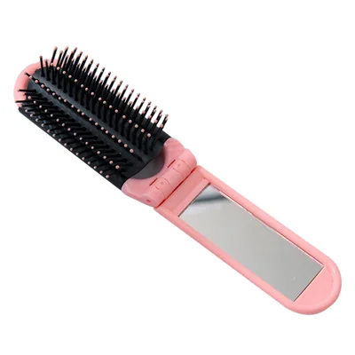 Pente de Massagem Portátil Dobrável Tamanho de Bolso Mulheres Escova de Cabelo de Viagem com Espelho - Rosa