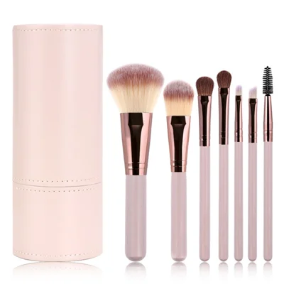 7 Stück / Set Make-up-Pinsel mit weichen Borsten, Holz + Aluminiumgriff, Foundation, Rouge, Concealer, Lidschatten-Pinselset - Beige