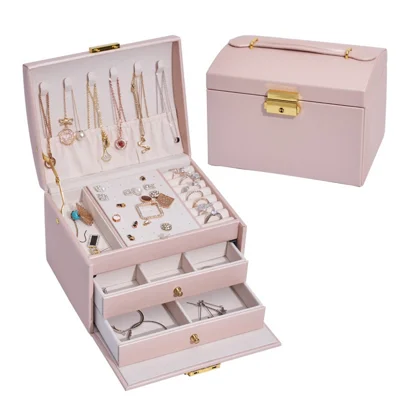 Three Layers Jewelry Box PU Leather Necklace Earring Rings Storage Case with Lock, 17x14x13cm - Pink