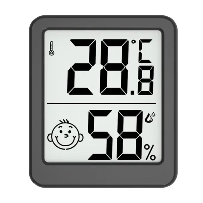 YZ6050 Medidor Digital de Temperatura e Umidade com Suporte Metálico e Visor Sorridente Termômetro Higrômetro - Preto