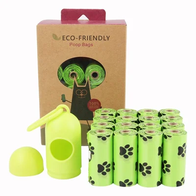 16 rouleaux de sacs biodégradables pour déchets de chien avec motif de patte de chien en HDPE+EPI / D2W avec distributeur - Vert