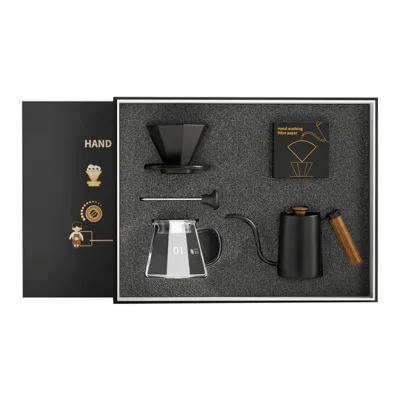 5Pcs / Set Pour Over Coffee Maker Set Manual Coffee Grinder Glass Pot Filter Kettle (BPA-Free, No FDA) - Black
